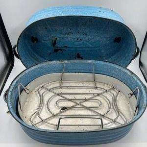 Antique Turquoise Cornflower Blue Large Roaster Rack Enamelware On Steel 4 Piece